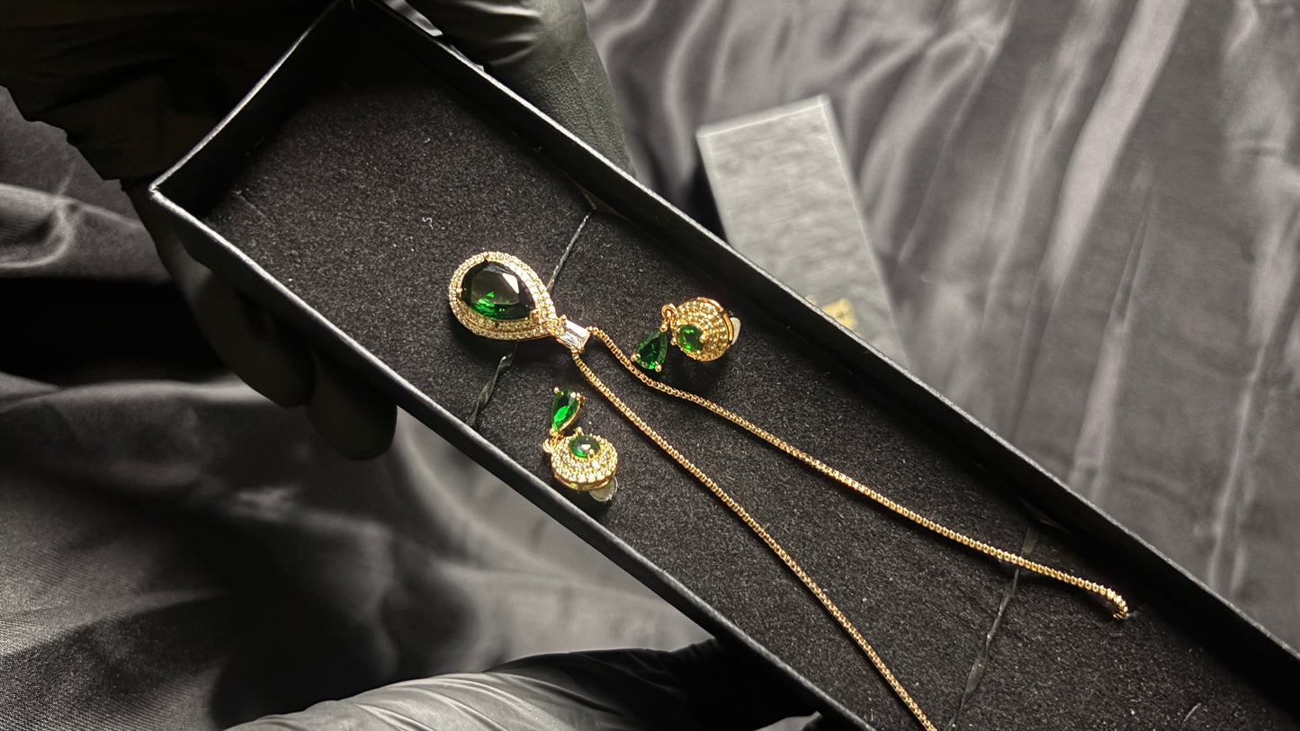 Elegant Emerald Teardrop Necklace Set – Gold Plated Jewelry