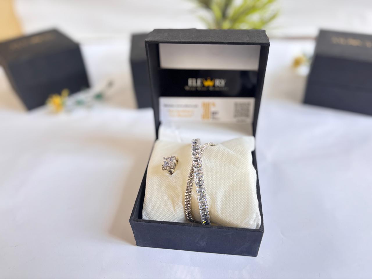 Elegant 2-in-1 stones Bracelet & Ring Set – Silver Plated Jewelry Gift for Women