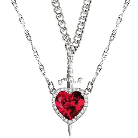 Red Crystal Heart Sword Pendant – Layered Romantic Necklace | Unique Couple Jewelry Gift for Him & Her