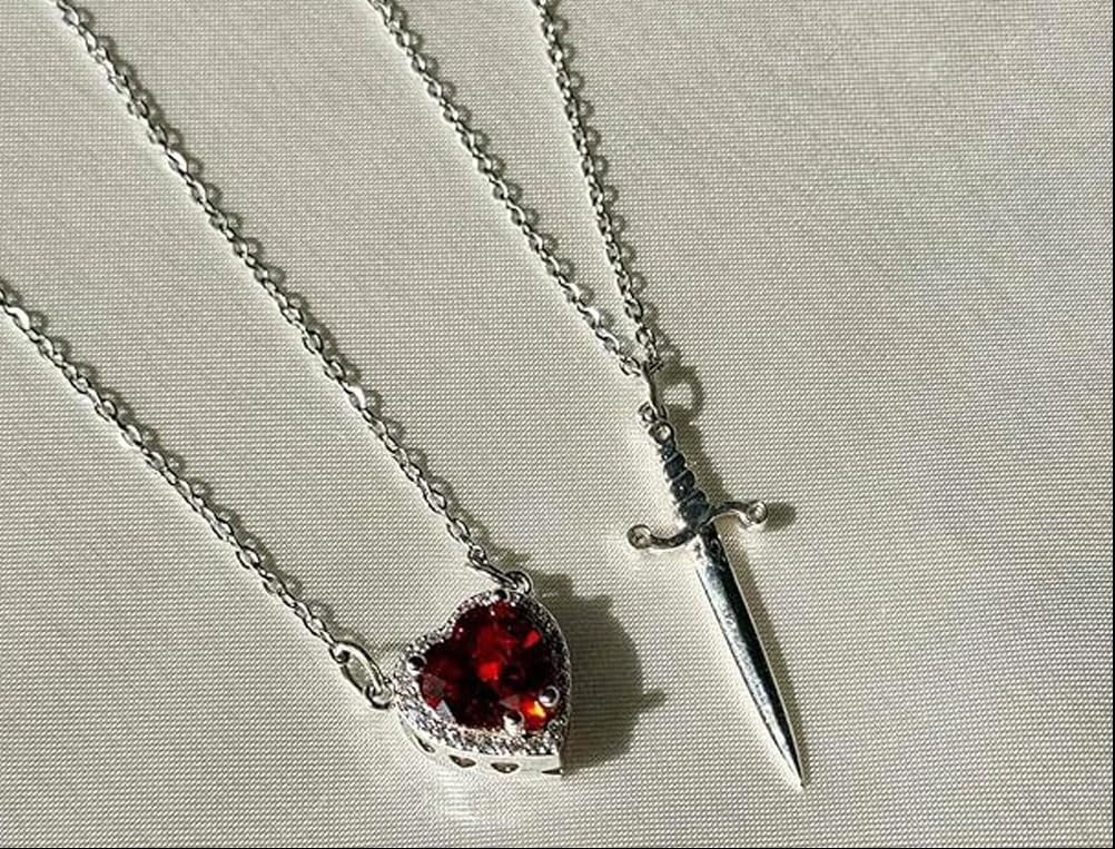 Red Crystal Heart Sword Pendant – Layered Romantic Necklace | Unique Couple Jewelry Gift for Him & Her