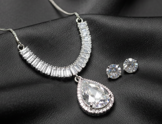 Elewry White Teardrop Crystal Pendant & Classic Studs Set