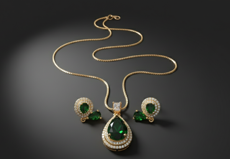 Elegant Emerald Teardrop Necklace Set – Gold Plated Jewelry