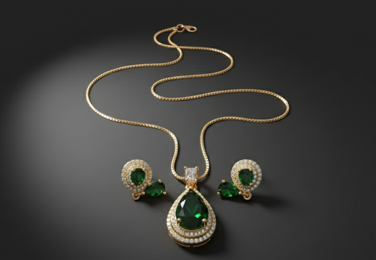 Elegant Emerald Teardrop Necklace Set – Gold Plated Jewelry