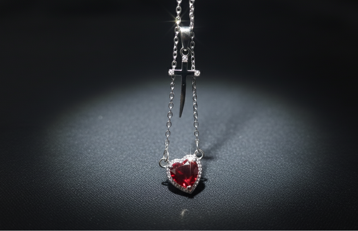 Red Crystal Heart Sword Pendant – Layered Romantic Necklace | Unique Couple Jewelry Gift for Him & Her