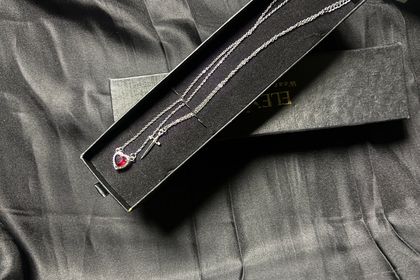 Red Crystal Heart Sword Pendant – Layered Romantic Necklace | Unique Couple Jewelry Gift for Him & Her