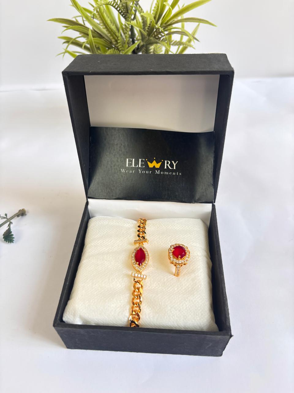 Anti tarnished Gold-Plated Red Stone Bracelet & Ring Set - Elewry