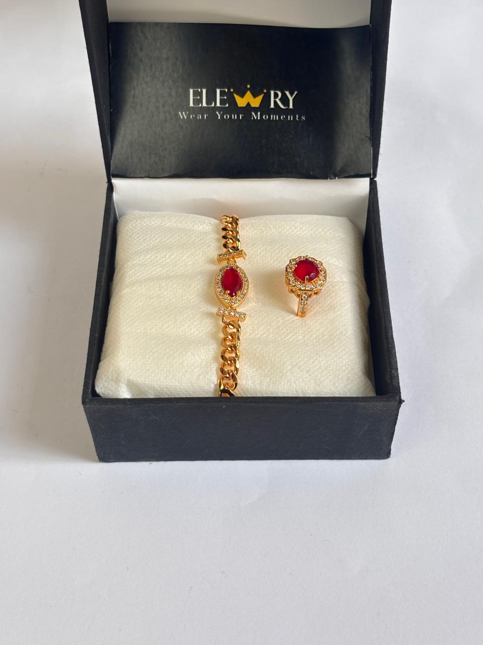 Anti tarnished Gold-Plated Red Stone Bracelet & Ring Set - Elewry