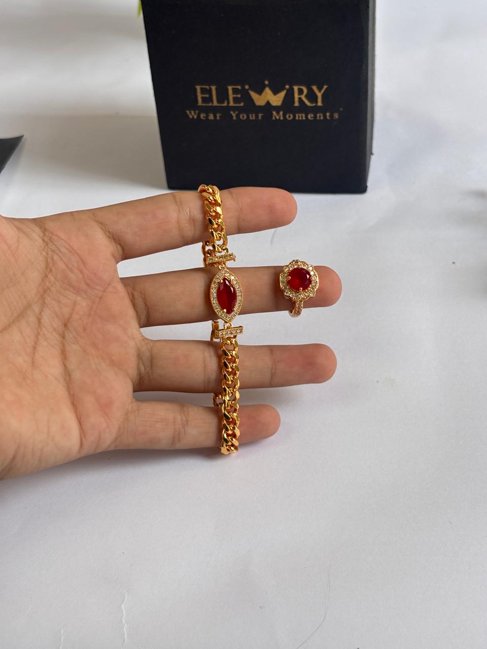 Anti tarnished Gold-Plated Red Stone Bracelet & Ring Set - Elewry