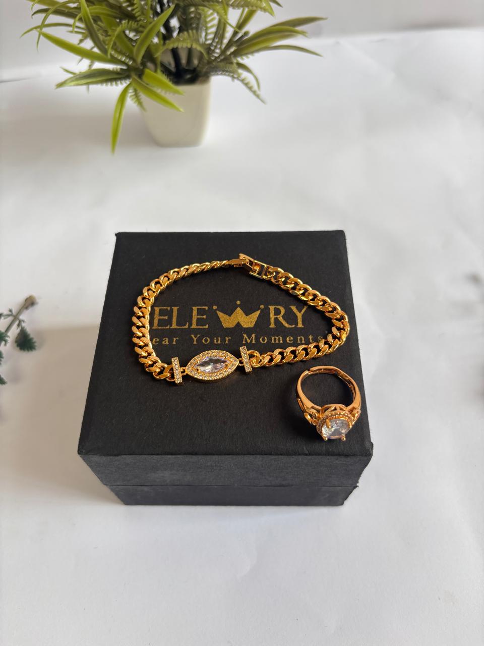 Anti tarnished Gold-Plated Red Stone Bracelet & Ring Set - Elewry