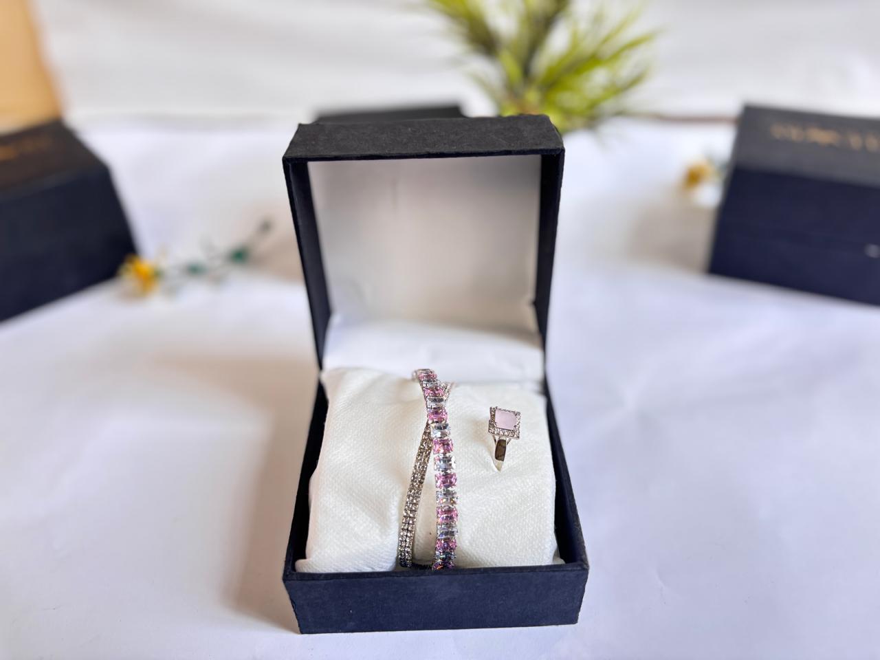 Elegant 2-in-1 stones Bracelet & Ring Set – Silver Plated Jewelry Gift for Women