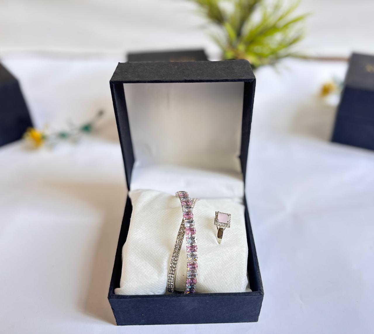 Elegant 2-in-1 stones Bracelet & Ring Set – Silver Plated Jewelry Gift for Women