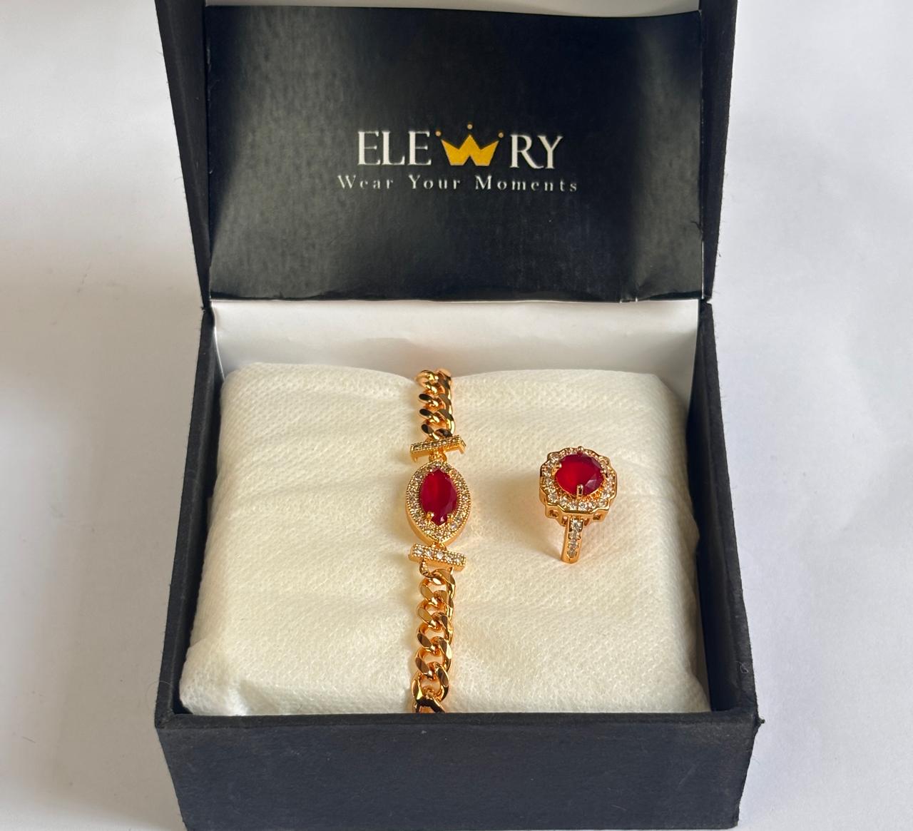 Anti tarnished Gold-Plated Red Stone Bracelet & Ring Set - Elewry